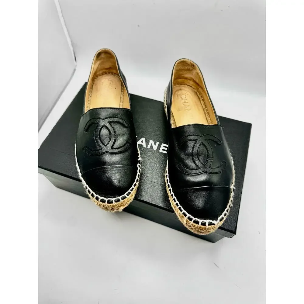 Chanel Black Canvas CC Logo Espadrille Flats Classic EU 35